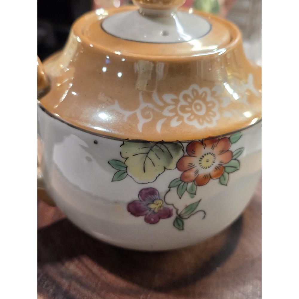 Vintage Japan Brown Floral Handpainted Lusterware Tea Pot With Lid - Picture 16 of 16